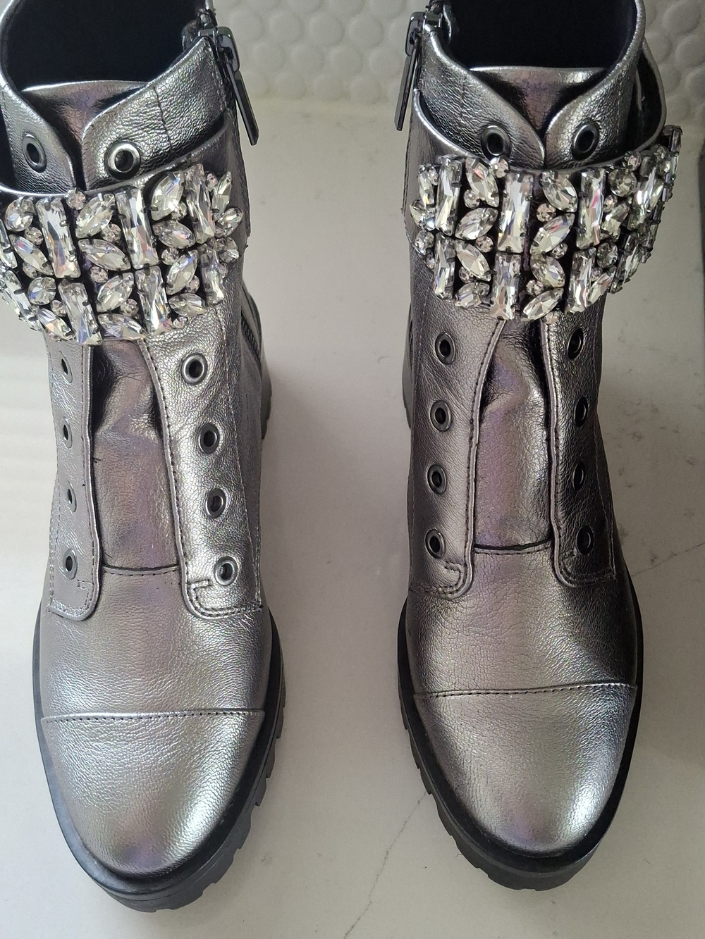 Karl Lagerfeld Paris Pippa Crystal Silver Combat Boots 6.5